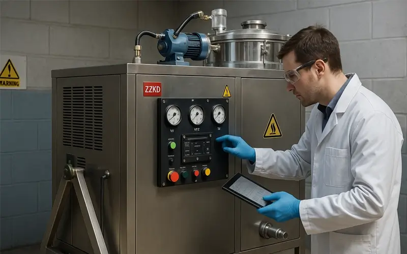 Technician inspecting a solvent recovery unit