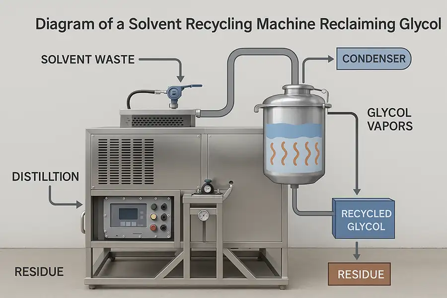 Diagram of a solvent recycling machine reclaiming glycol