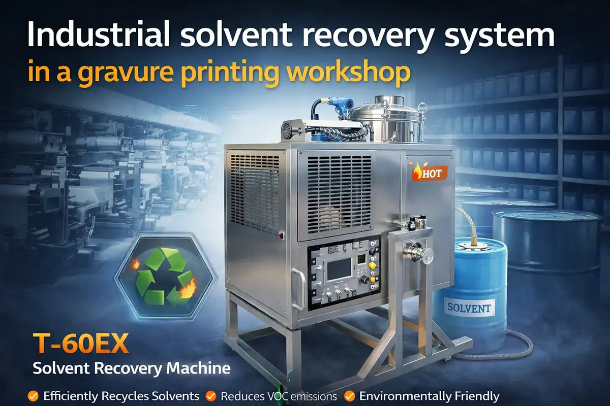 Industrial solvent recovery system in a gravure printing workshop