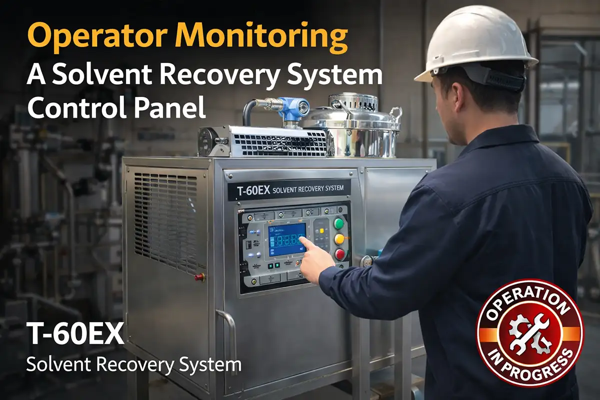 Operator monitoring a solvent recovery system control panel