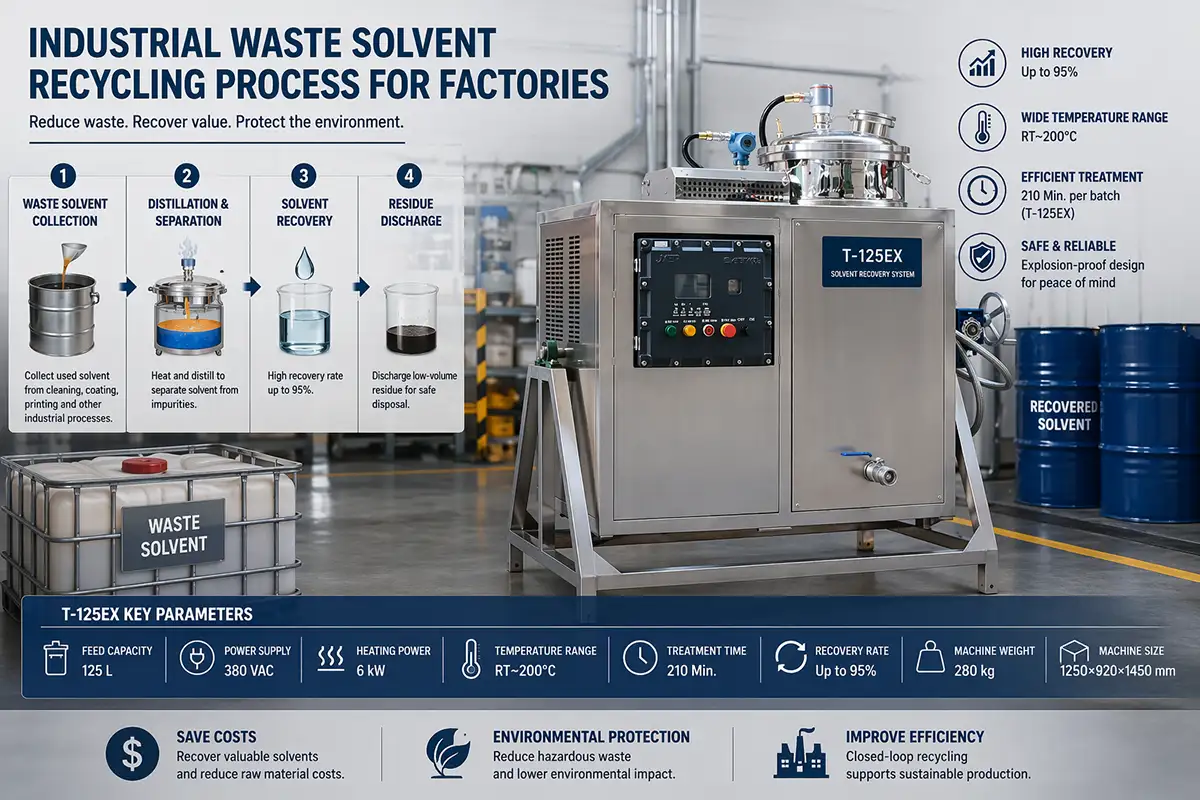 Industrial waste solvent recycling process for factories undefined