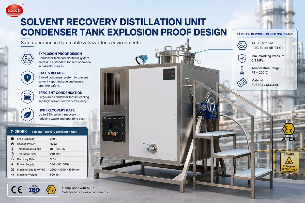 Solvent recovery distillation unit condenser tank explosion proof design undefined