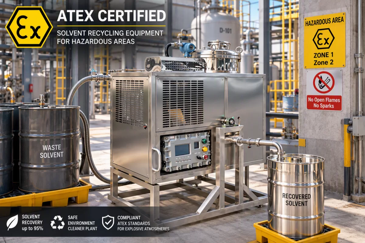 ATEX-certified solvent recycling equipment installed in an industrial hazardous area