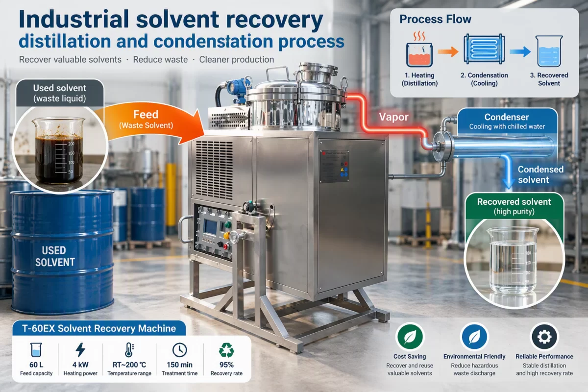 Industrial solvent recovery distillation and condensation process