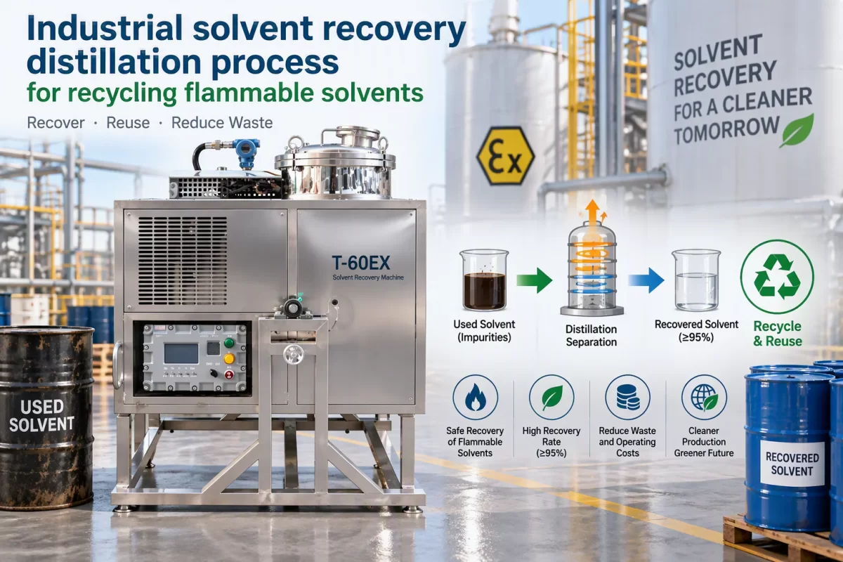Industrial solvent recovery distillation process for recycling flammable solvents