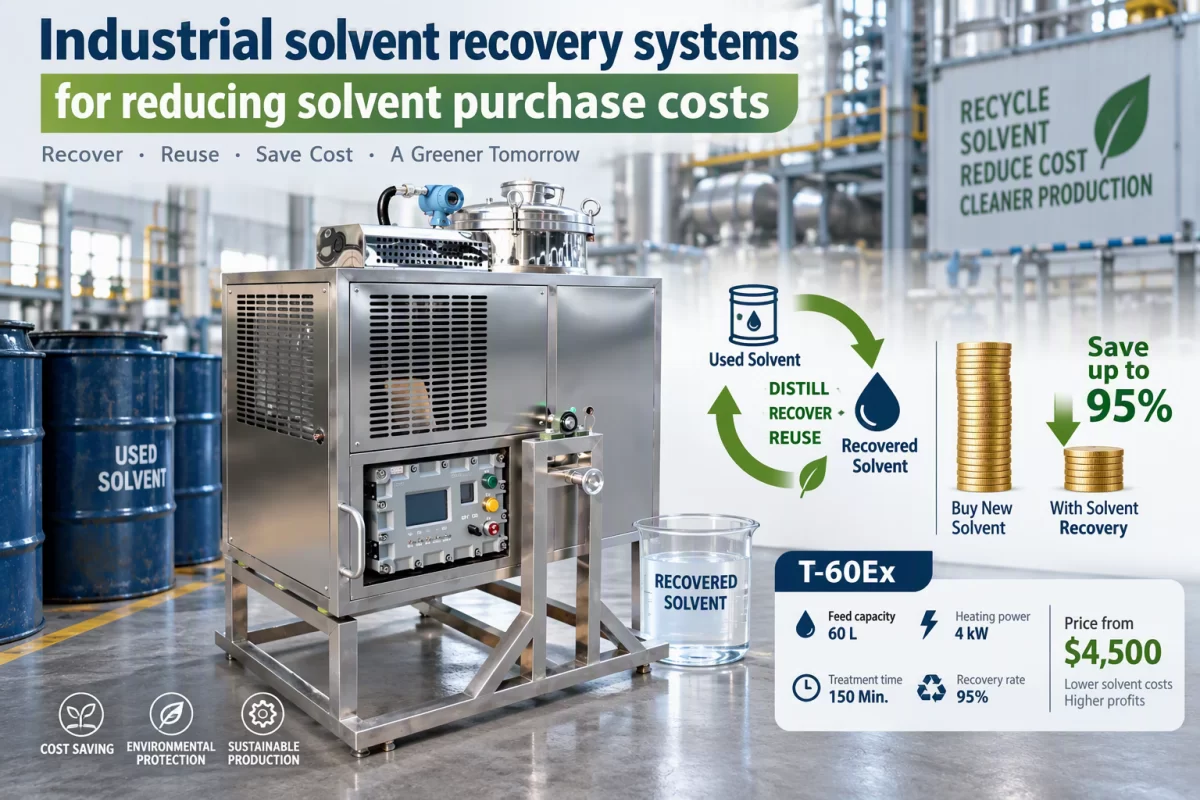 Industrial solvent recovery systems for reducing solvent purchase costs