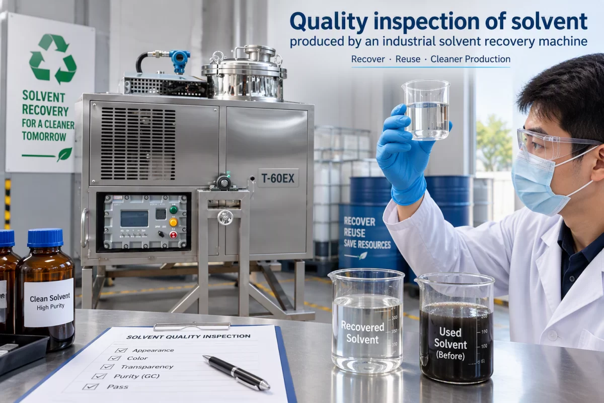 Quality inspection of solvent produced by an industrial solvent recovery machine