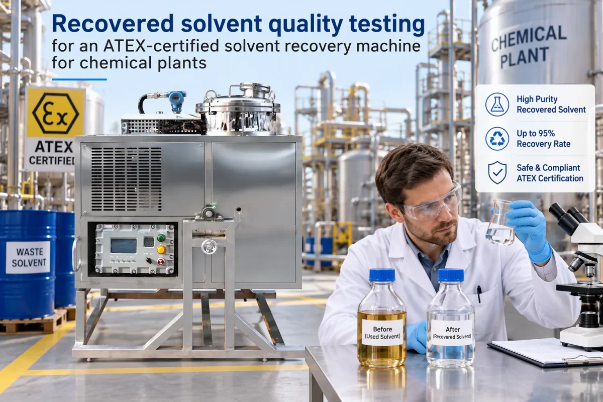 Recovered Solvent Quality Control and Approved Reuse Recovered solvent quality testing for an ATEX-certified solvent recovery machine for chemical plants