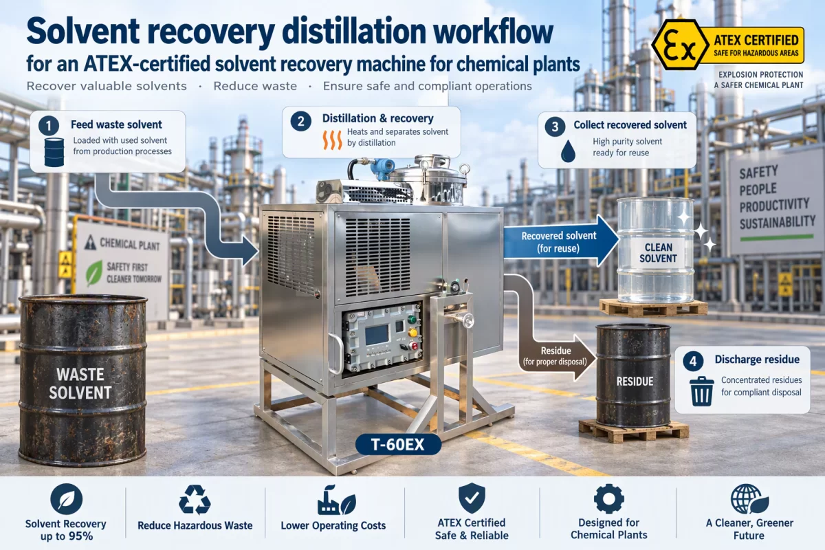 Chemical Plant Solvent Recovery Distillation Workflow Solvent recovery distillation workflow for an ATEX-certified solvent recovery machine for chemical plants