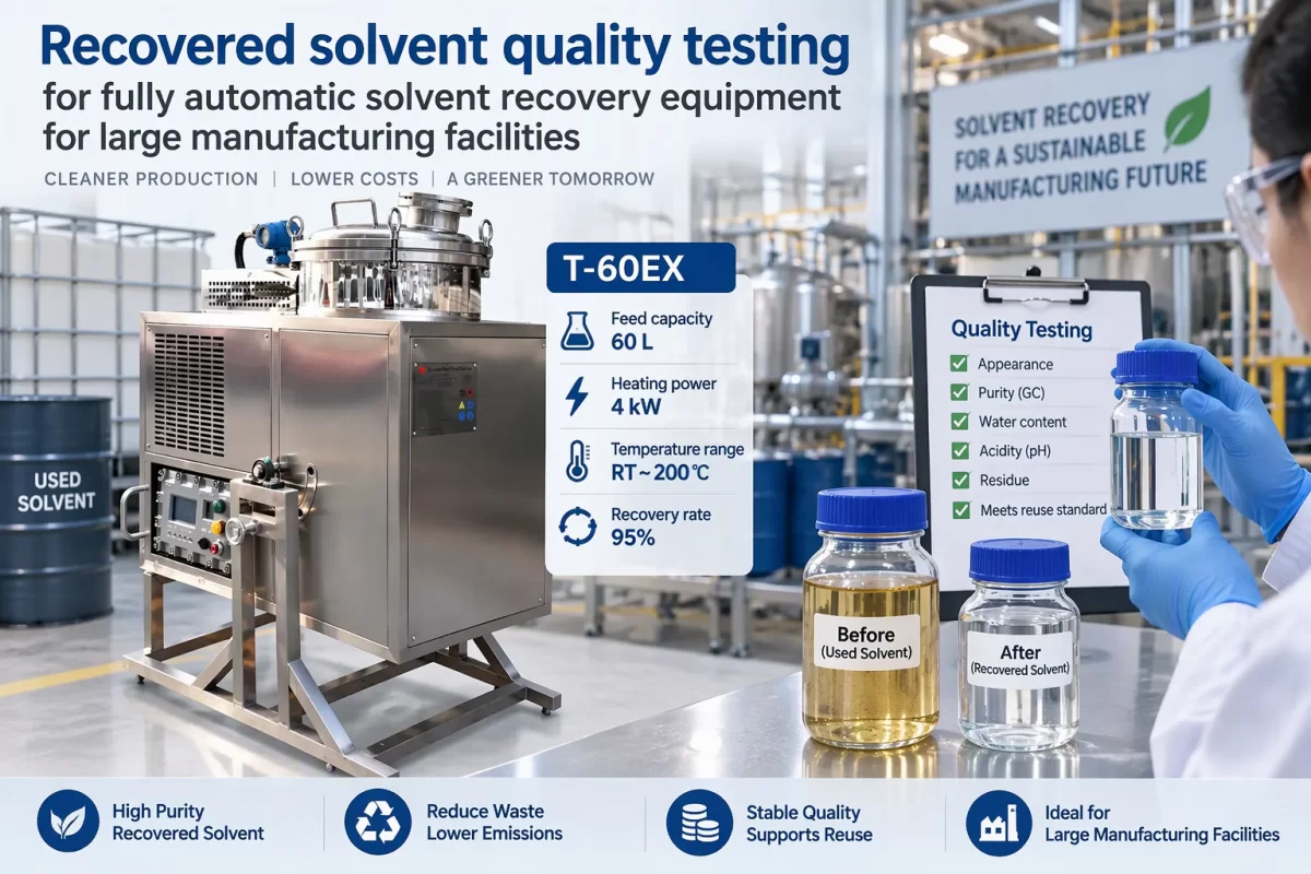 Recovered Solvent Quality Testing and Manufacturing Reuse Recovered solvent quality testing for fully automatic solvent recovery equipment for large manufacturing facilities