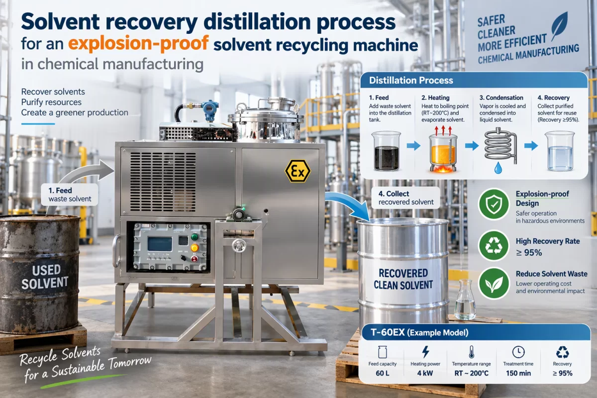 Controlled Distillation and Condensation for Solvent Reuse Solvent recovery distillation process for an explosion-proof solvent recycling machine in chemical manufacturing