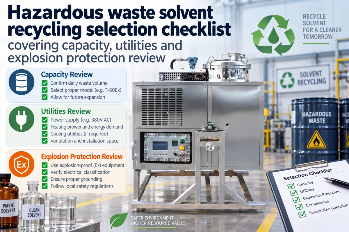 Pre-purchase checks for solvent recovery equipment Hazardous waste solvent recycling selection checklist covering capacity, utilities and explosion protection review