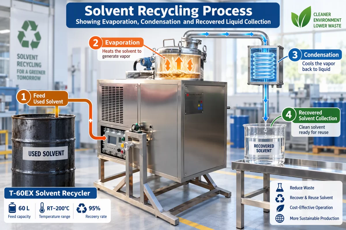 Distillation stages in solvent recovery Solvent recycling process showing evaporation, condensation and recovered liquid collection