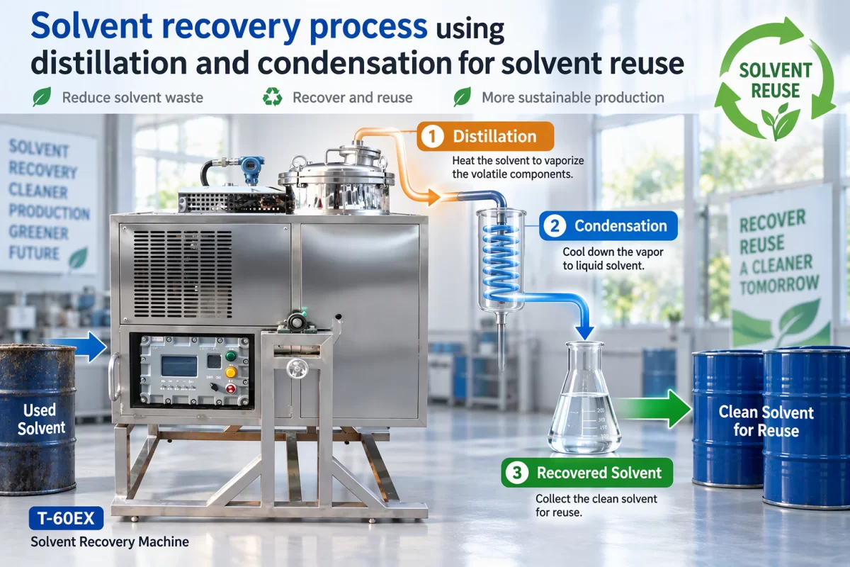 Solvent recovery process using distillation and condensation for solvent reuse